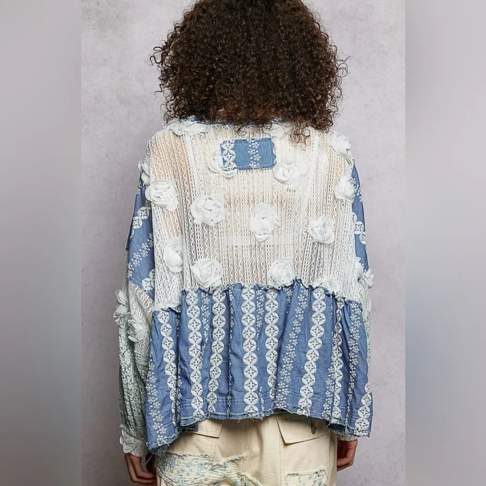 POL Blue Denim and Cream Lace Blouse